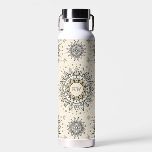 Gray Gold Mandala Pattern Monogram Trinkflasche (Vorne)