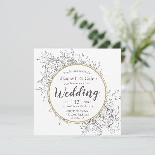 Gray & Gold Peony Modern Floral Toile Hochzeit Einladung (Stehend Vorderseite)