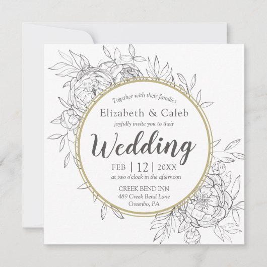 Gray & Gold Peony Modern Floral Toile Hochzeit Einladung (Vorderseite)