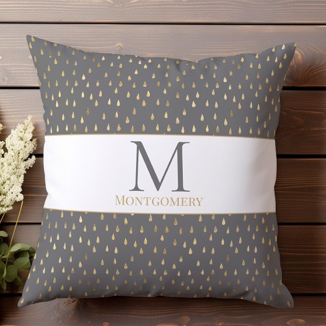 Gray Gold Raindrop Modern Trendy Monogram Kissen (Von Creator hochgeladen)