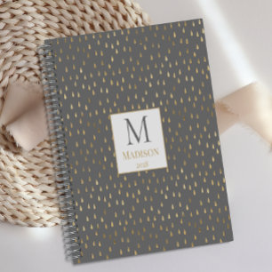Gray Gold Raindrop Modern Trendy Monogram Planer