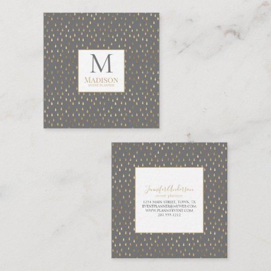 Gray Gold Raindrop Modern Trendy Monogram Quadratische Visitenkarte (Vorne/Hinten)