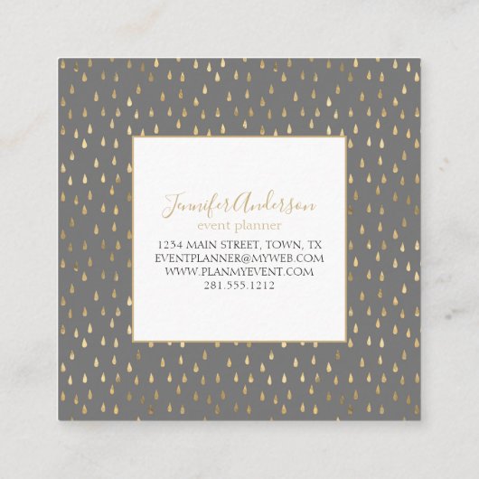 Gray Gold Raindrop Modern Trendy Monogram Quadratische Visitenkarte (Rückseite)