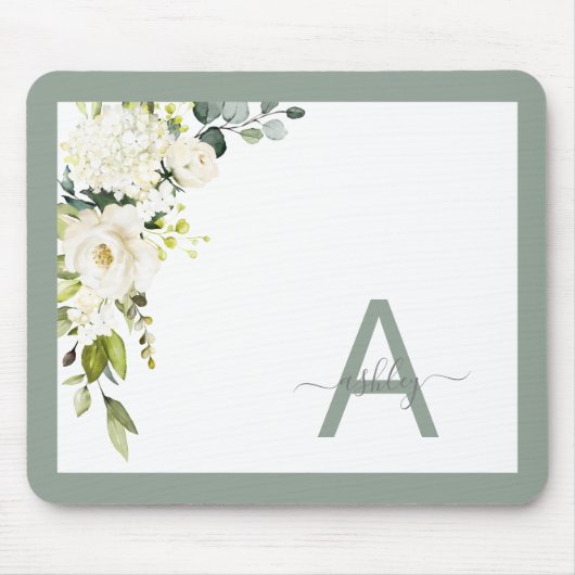 Gray Green Floral Script Monogram Initial Name Mousepad (Vorne)