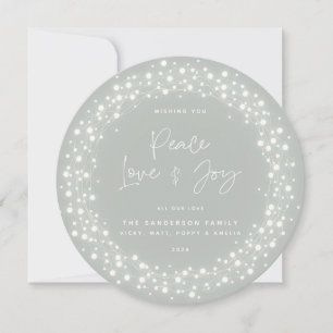Gray-Green Peace Liebe+Joy Script Sparkling Lights Feiertagskarte