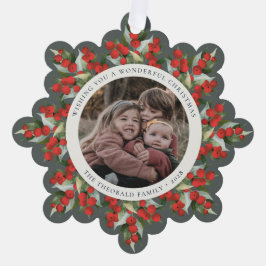 Gray-Green Red Berries+Greenery Christmas Paper Ornament Karte