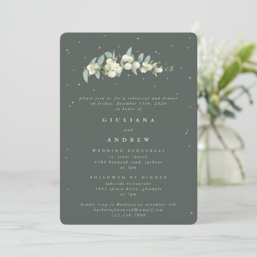 Gray Green Snowberry+Eucalyptus Wedding Probe Einladung (Stehend Vorderseite)