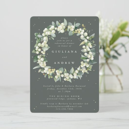 Gray Green Snowberry+Eucalyptus Wedding Probe Einladung (Stehend Vorderseite)