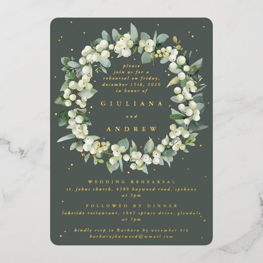 Gray Green Snowberry+Eucalyptus Wedding Probe Folieneinladung (Vorderseite)