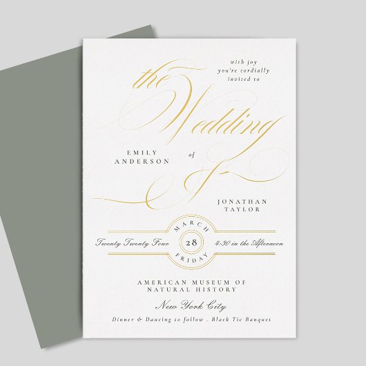 Gray Green White Elegance Calligraphy Wedding Gold Folieneinladung