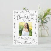 Gray Hand Drawn Doodles Photo Graduation White Dankeskarte (Stehend Vorderseite)