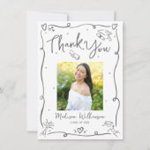 Gray Hand Drawn Doodles Photo Graduation White Dankeskarte (Vorderseite)