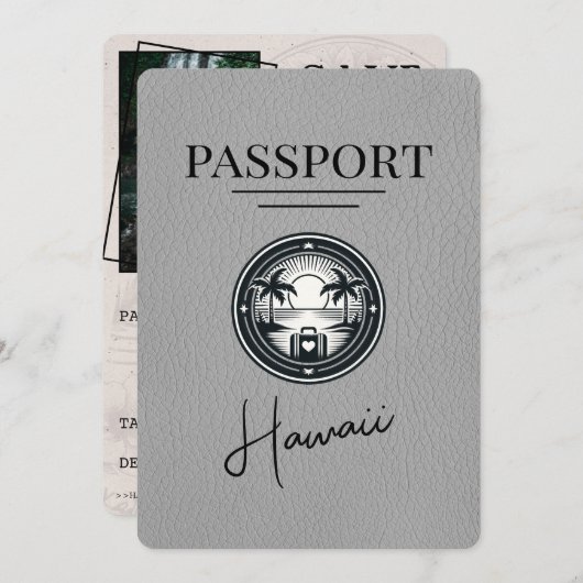 Gray Hawaii Passport Save the Date (Vorne/Hinten)