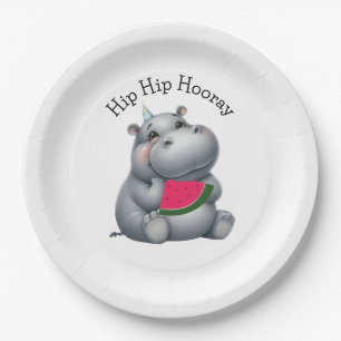 Gray Hippo Watermelon Geburtstag Pappteller
