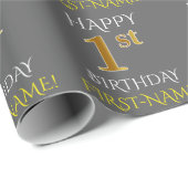 Gray, Imitate Gold "HAPPY 1th BIRTHDAY" Geschenkpapier (Rolleneckpunkt)