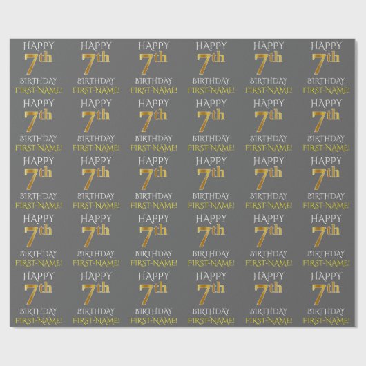 Gray, Imitate Gold "HAPPY 7th BIRTHDAY" Geschenkpapier (Flach)