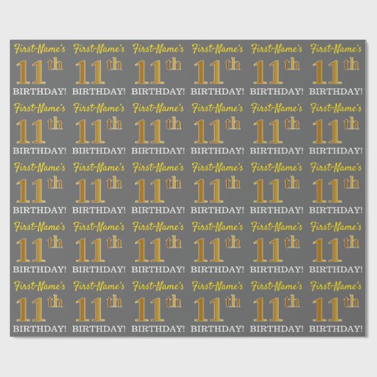 Gray, Imitation Gold Look "11. BIRTHDAY" Geschenkpapier (Flach)