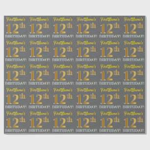 Gray, Imitation Gold Look "12. BIRTHDAY" Geschenkpapier