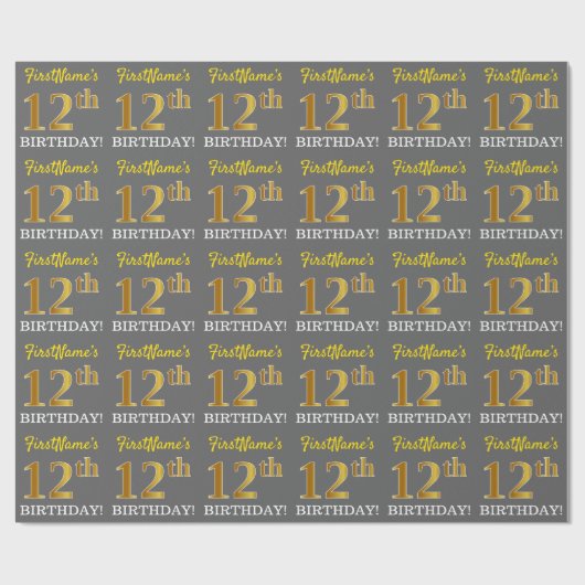 Gray, Imitation Gold Look "12. BIRTHDAY" Geschenkpapier (Flach)