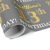 Gray, Imitation Gold Look "13. BIRTHDAY" Geschenkpapier (Rolleneckpunkt)