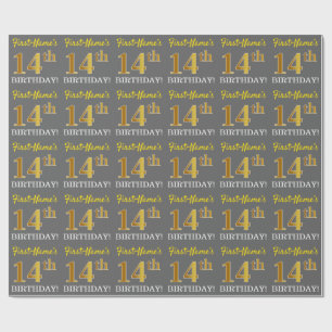Gray, Imitation Gold Look "14. BIRTHDAY" Geschenkpapier