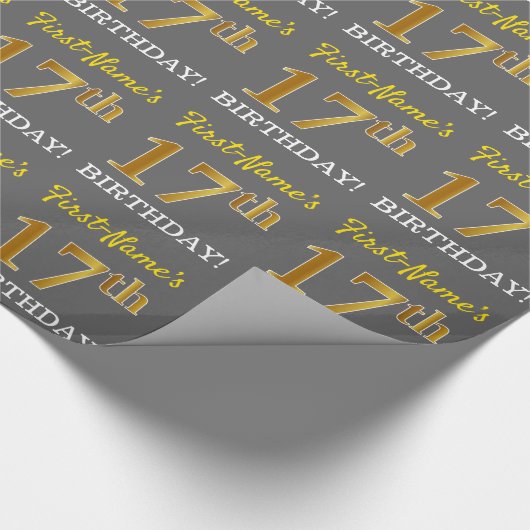 Gray, Imitation Gold Look "17. BIRTHDAY" Geschenkpapier (Ecke)