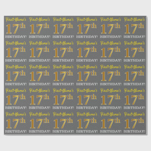 Gray, Imitation Gold Look "17. BIRTHDAY" Geschenkpapier