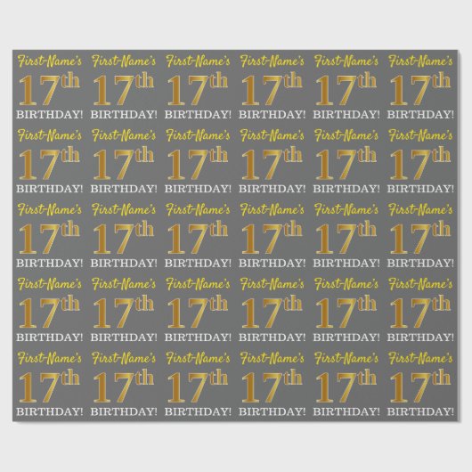 Gray, Imitation Gold Look "17. BIRTHDAY" Geschenkpapier (Flach)