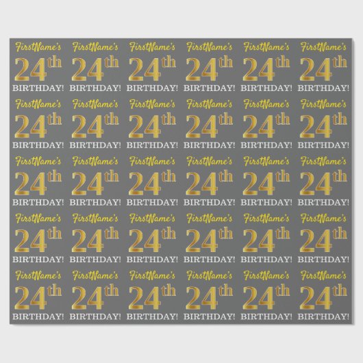 Gray, Imitation Gold Look "24. BIRTHDAY" Geschenkpapier (Flach)