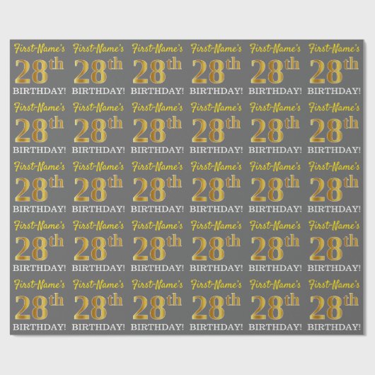 Gray, Imitation Gold Look "28. BIRTHDAY" Geschenkpapier (Flach)