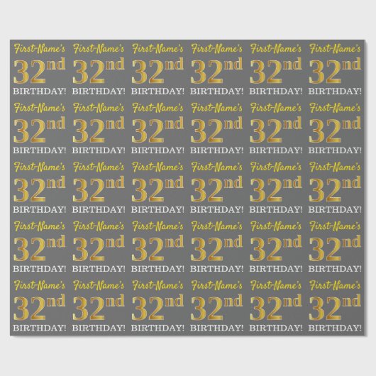 Gray, Imitation Gold Look "32. BIRTHDAY" Geschenkpapier (Flach)