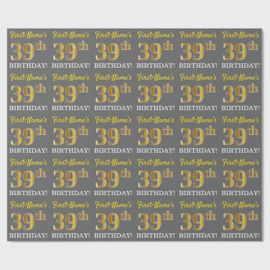 Gray, Imitation Gold Look "39. BIRTHDAY" Geschenkpapier (Flach)