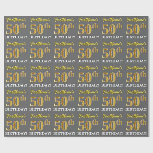 Gray, Imitation Gold Look "50. GEBURTSTAG" Geschenkpapier (Flach)