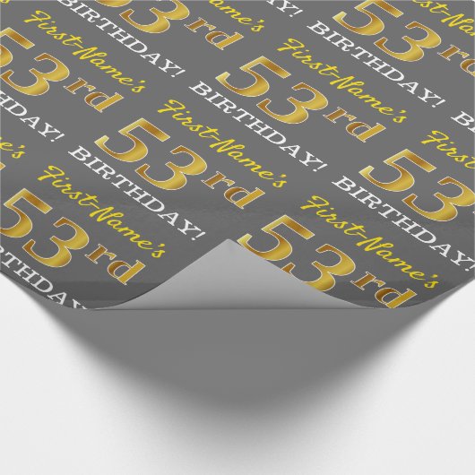 Gray, Imitation Gold Look "53. BIRTHDAY" Geschenkpapier (Ecke)
