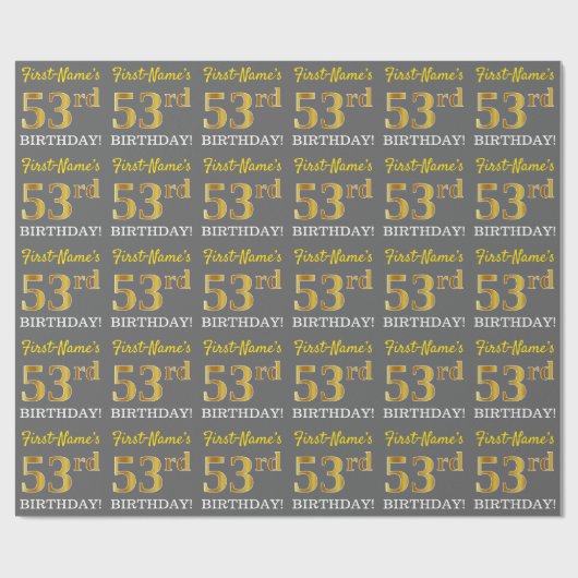 Gray, Imitation Gold Look "53. BIRTHDAY" Geschenkpapier (Flach)