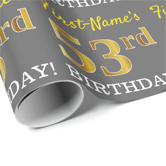 Gray, Imitation Gold Look "53. BIRTHDAY" Geschenkpapier (Rolleneckpunkt)