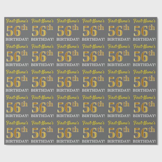 Gray, Imitation Gold Look "56. BIRTHDAY" Geschenkpapier (Flach)