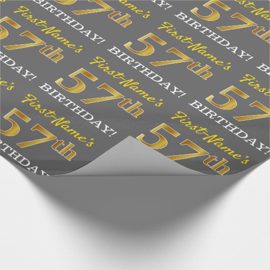 Gray, Imitation Gold Look "57. BIRTHDAY" Geschenkpapier (Ecke)
