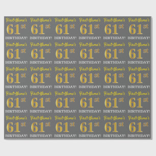 Gray, Imitation Gold Look "61. BIRTHDAY" Geschenkpapier