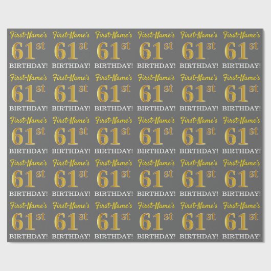 Gray, Imitation Gold Look "61. BIRTHDAY" Geschenkpapier (Flach)