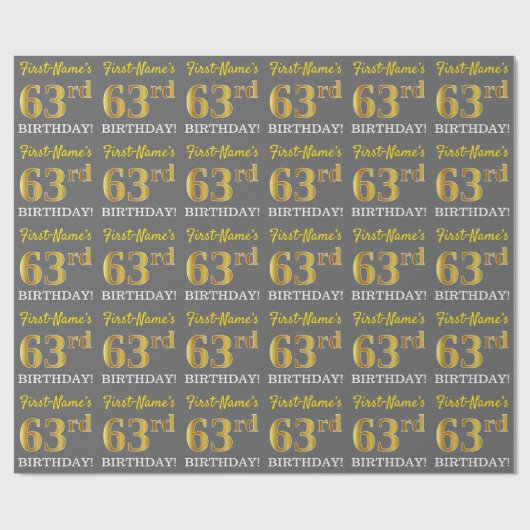 Gray, Imitation Gold Look "63. BIRTHDAY" Geschenkpapier (Flach)