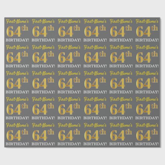 Gray, Imitation Gold Look "64. BIRTHDAY" Geschenkpapier (Flach)