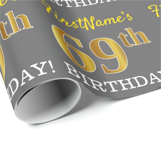Gray, Imitation Gold Look "69. BIRTHDAY" Geschenkpapier (Rolleneckpunkt)
