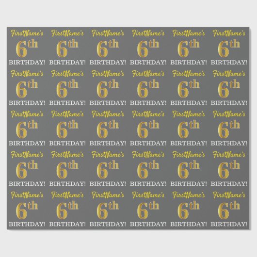 Gray, Imitation Gold Look "6. BIRTHDAY" Geschenkpapier (Flach)