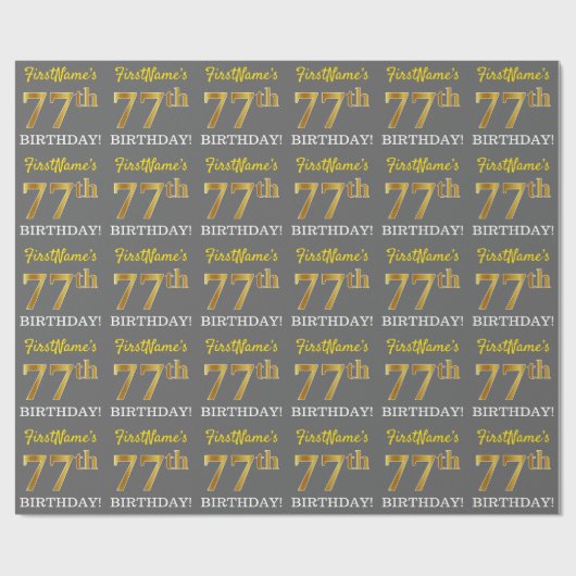Gray, Imitation Gold Look "77. BIRTHDAY" Geschenkpapier (Flach)