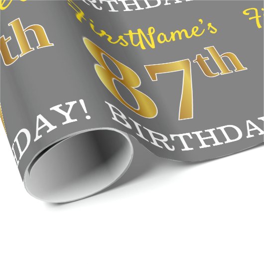 Gray, Imitation Gold Look "87. BIRTHDAY" Geschenkpapier (Rolleneckpunkt)