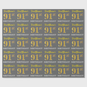 Gray, Imitation Gold Look "91. BIRTHDAY" Geschenkpapier