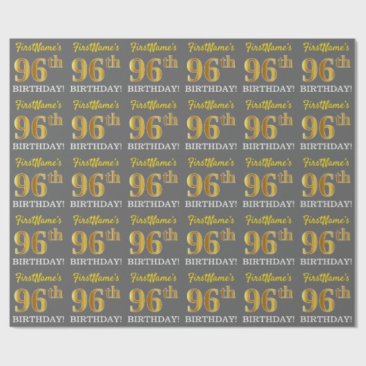 Gray, Imitation Gold Look "96. BIRTHDAY" Geschenkpapier (Flach)