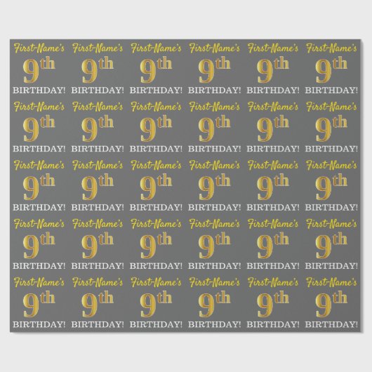 Gray, Imitation Gold Look "9. BIRTHDAY" Geschenkpapier (Flach)