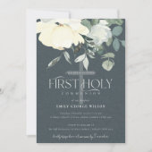 GRAY IVORY WHITE AQUA FLORAL First HOLION Einladung (Vorderseite)